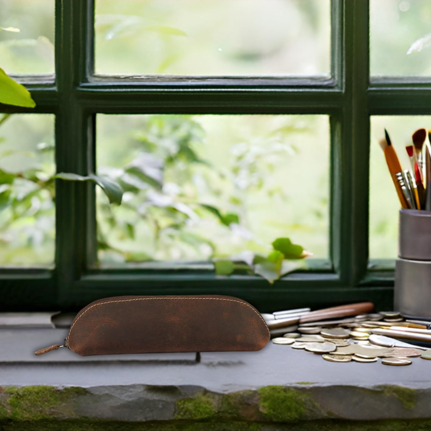 CestAntiQ Leather Zipper Pencil Case – Handmade Slim Pen & Marker Pouch, Small Pencil Organizer for Notebook, Office, Work & Travel, Premium Leather Tool Holder for Artists & Professionals