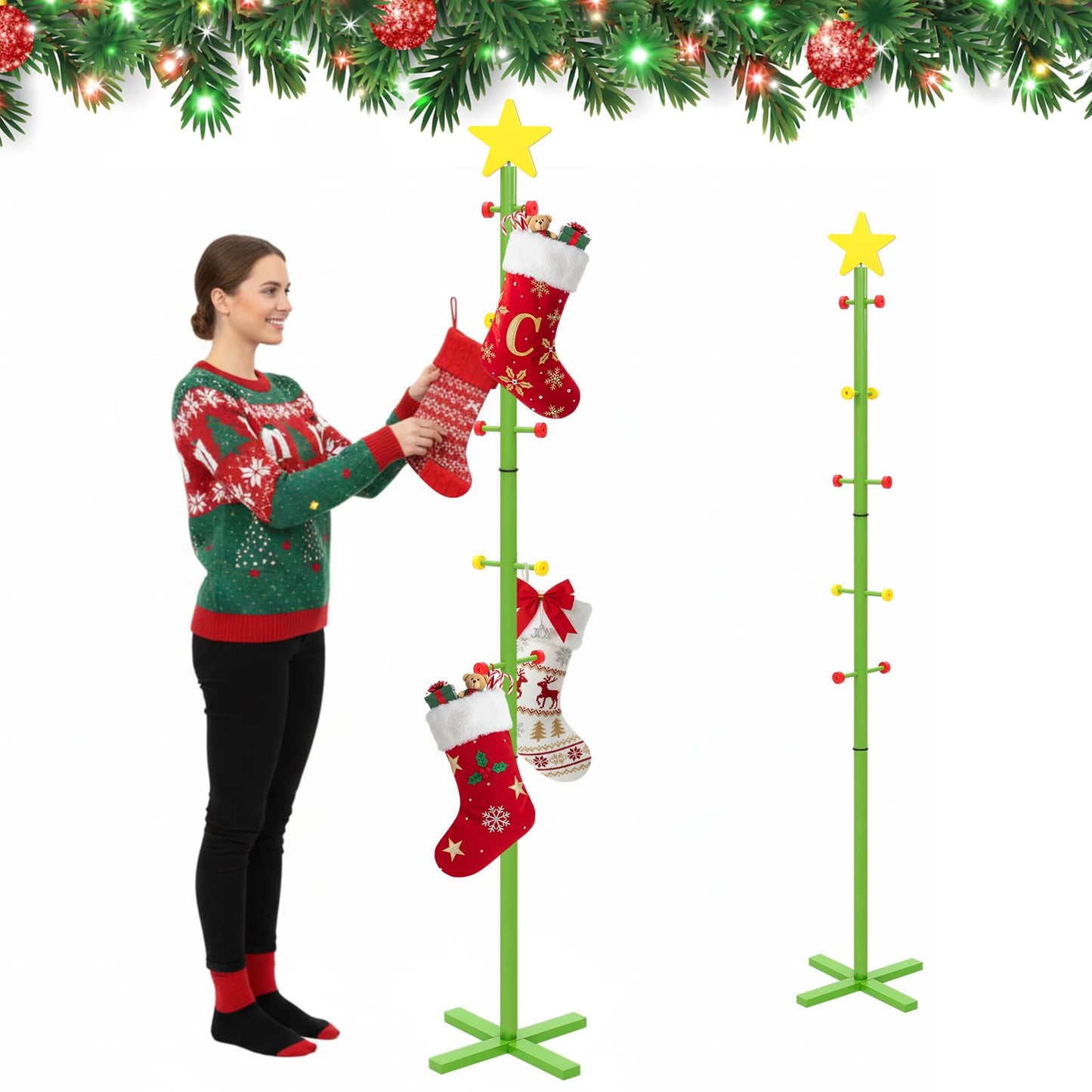 Capoda 71 Inch Christmas Stocking Holder Stand for Floor, Freestanding Wooden Christmas Tree Star Stocking Rack with 10 Hooks Hanger Stand for Xmas Winter Holiday Room Decoration