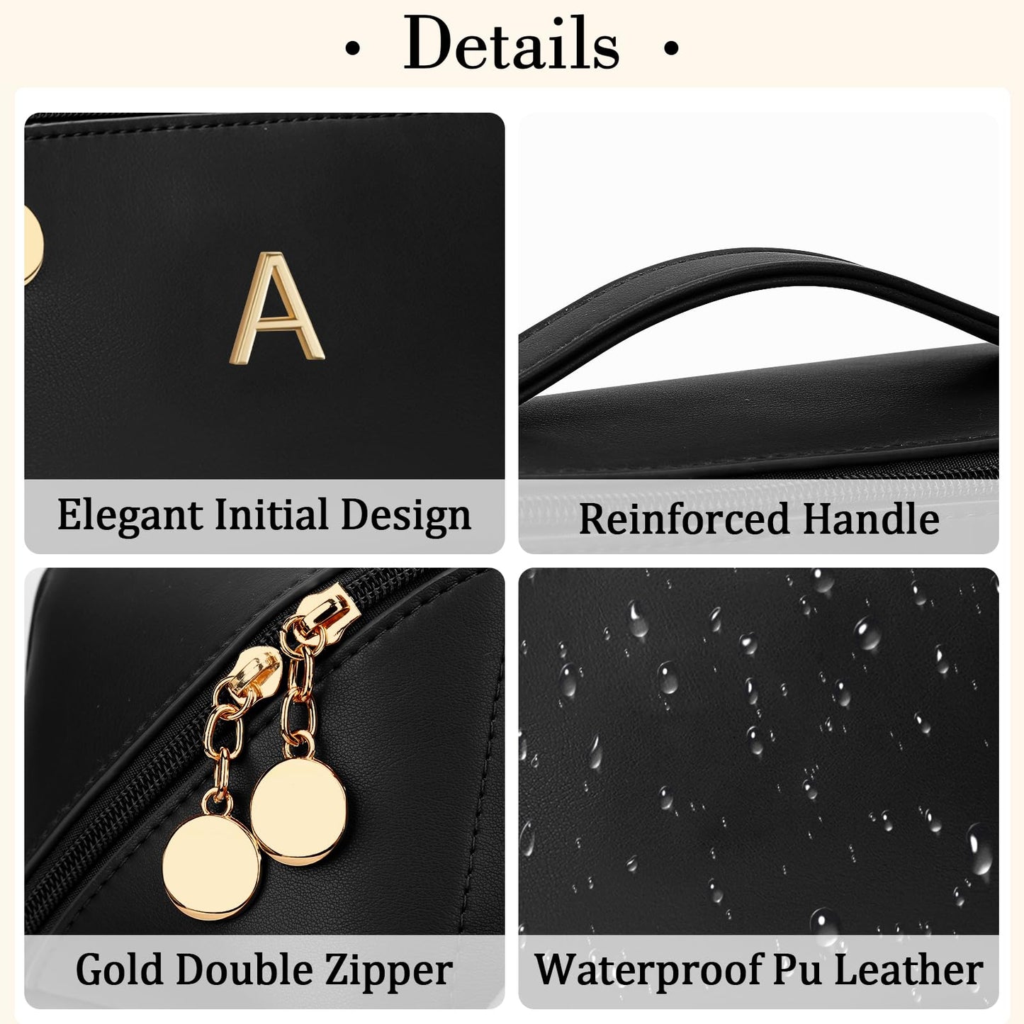 CLOUDWINGS Birthday Gifts for Women Teen Girl, Personalized Initial Makeup Organizer Bag Set, Open Flat Travel Cosmetic Bag With Clear Divider and Handle(Black,A)