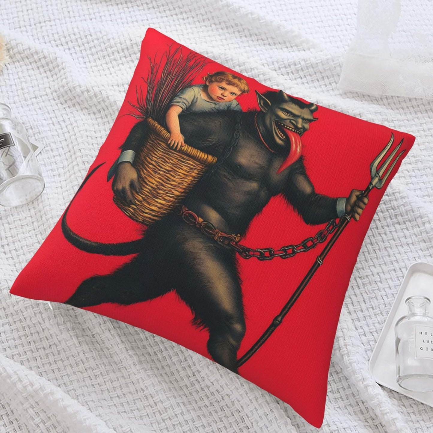 Yaateeh Krampus Christmas Folklore Red Throw Pillow Covers Decorative 18x18 Inch Pillowcase Square Cushion Cases for Home Sofa Bedroom Livingroom