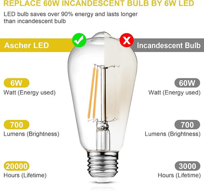 Ascher Vintage LED Edison Bulbs, 6W, Equivalent 60W, Non-Dimmable, Warm White 2700K, ST58 Antique LED Filament Bulbs with 80+ CRI, E26 Medium Base, Clear Glass, Pack of 8