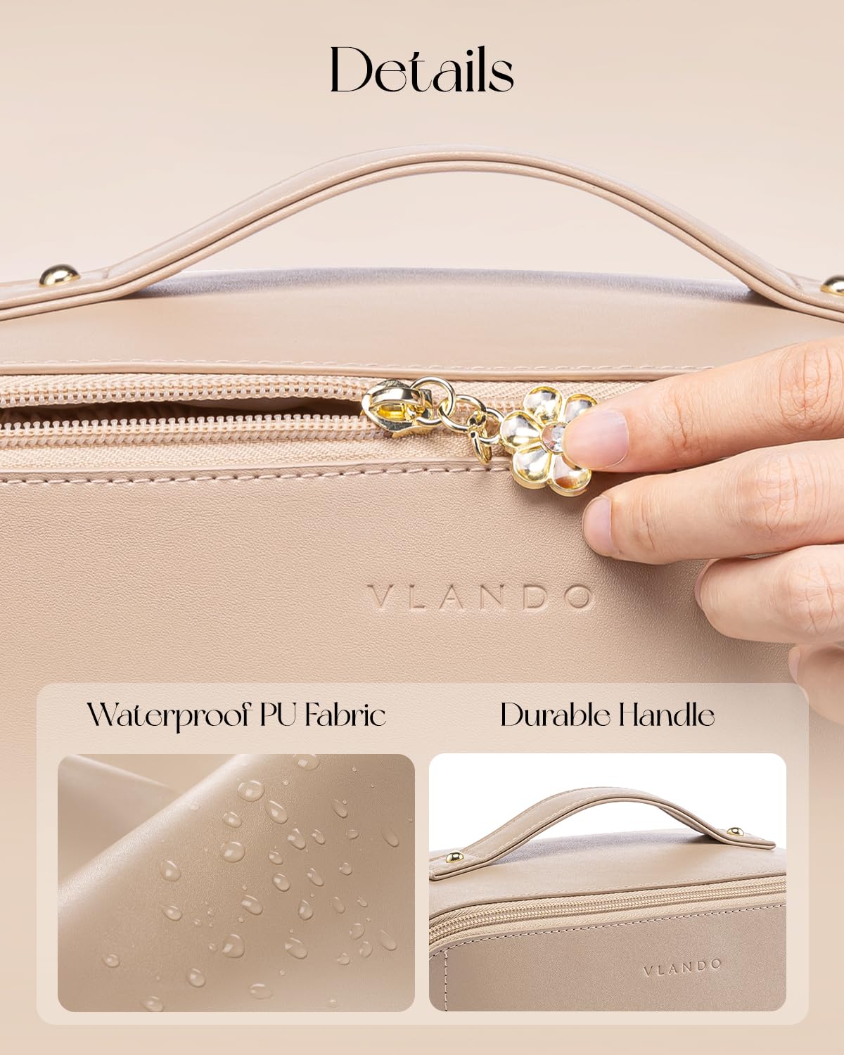 VLANDO Makeup Bag,Travel Toiletry Bag,Cosmetic Bag for Women PU Leather Portable Make up Bag for Skincare, Brushes & Travel Essentials-Toffee
