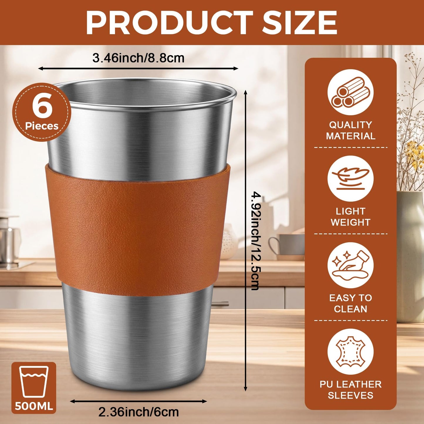 Mifoci 6 Pcs 16 oz Stainless Steel Pint Cups with PU Leather Sleeves Stainless Steel Cups Unbreakable Metal Cup Tumblers Stackable Drinking Glasses for Bar, Home, Restaurant, Travel, Camping