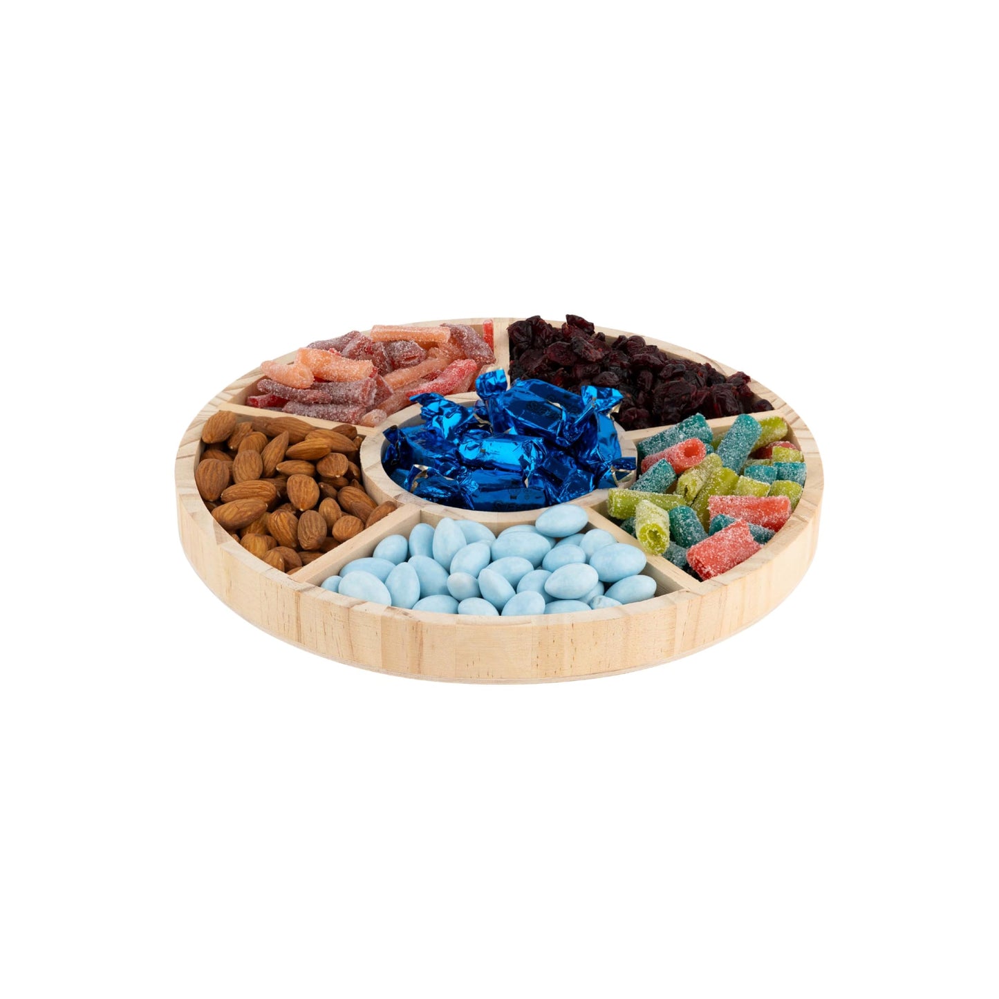 Wooden Candy Platters - Set of 2, 10" Round Bamboo Serving Trays for Parties, Events, and Home Decor - 6 Compartment Candy and Snack Organizer (2 Pack)