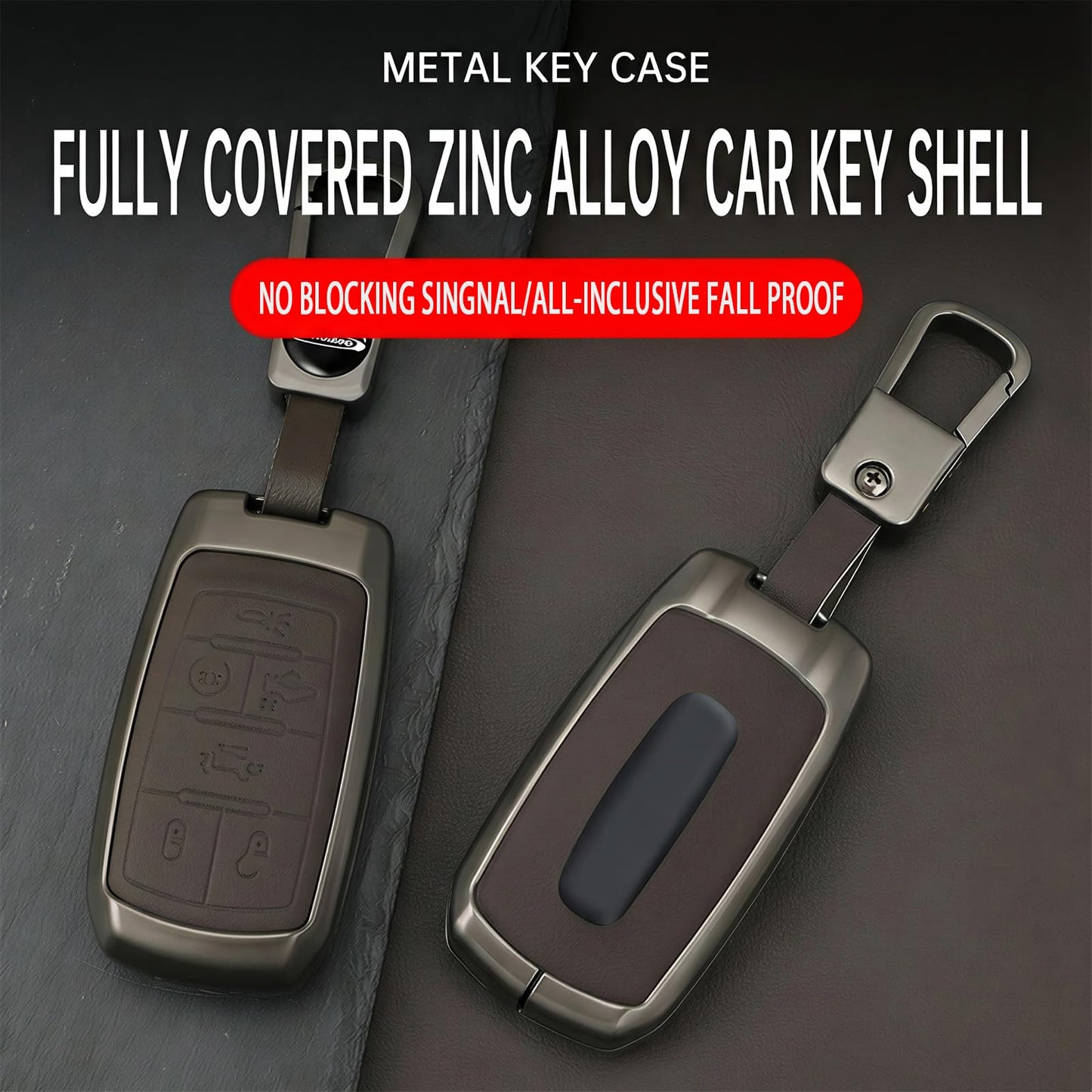 Zinc Alloy Car Key Fob Cover Compatible with 2019-2025 RAM 1500 2500 3500, Metal & Leather Remote Key Case Protector, Full Coverage Hard Shell Holder with Keychain Accessories (B-4-btns-Brown)