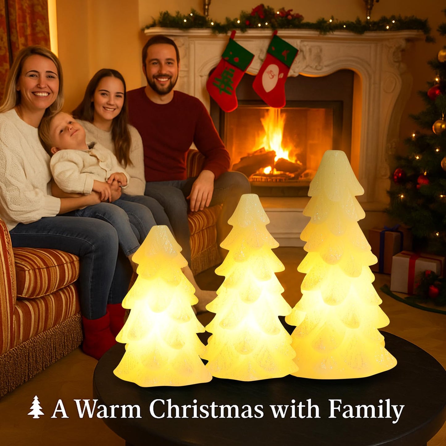 CHUANGLI 3 Pcs Glittering White Christmas Tree Shaped Candle Flickering Flameless LED Candles with Remote, Real Wax Battery Operated Candle for Christmas Home Party Decoration and Gift