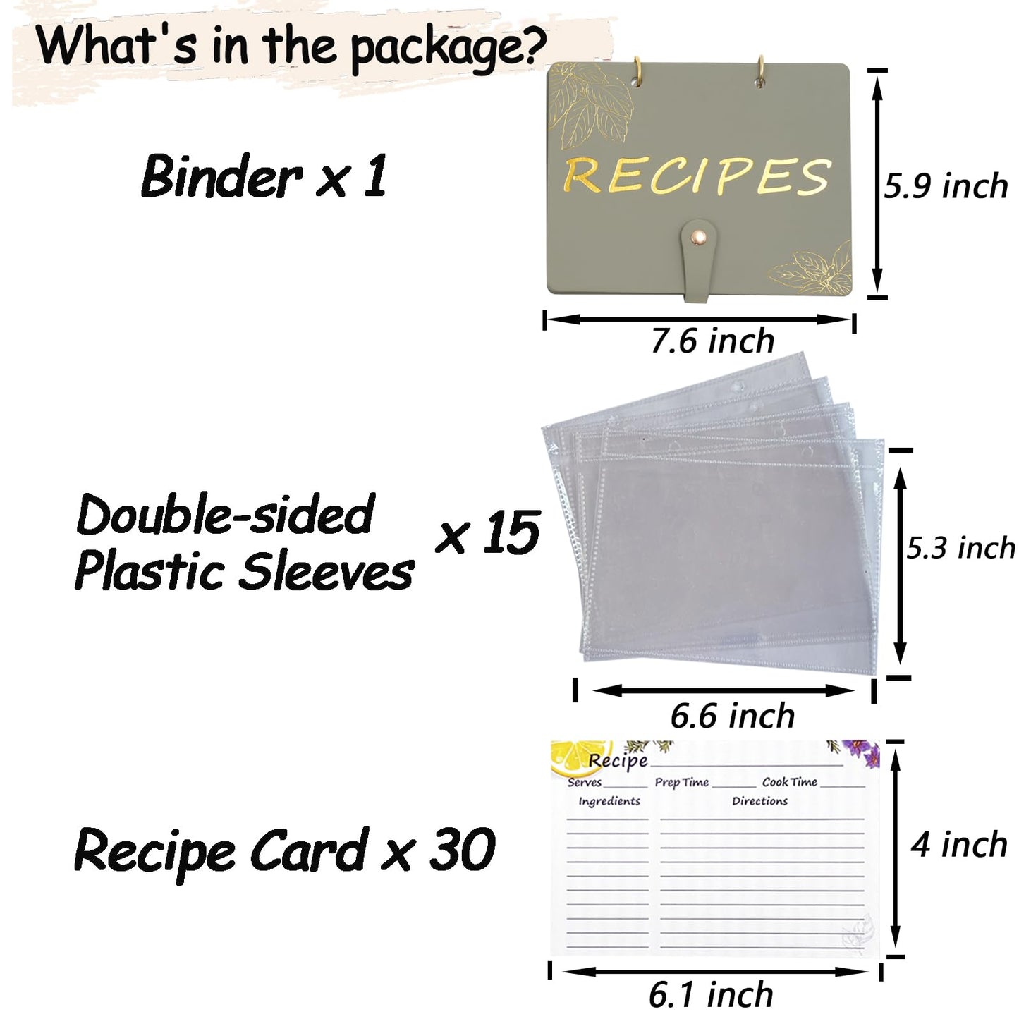 Recipe Binder with Plastic Sleeves, Stand Up Recipe Book Binder for 30 Recipe Cards 4x6, Recipe Organizer Kit Blank Cook Book for DIY Recipe Cards and 15 Clear Sheet Protectors (Sage, for 30 Cards)