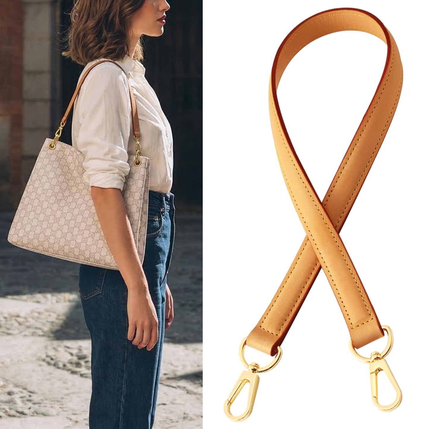 STBL Genuine Vachetta Leather Replacement Straps Purse Shoulder Short Strap Conversion kit for Graceful Tote Soft Speedy Alma and Dauphine & DIY Leather Purse Strap ﻿ (Beeswax)