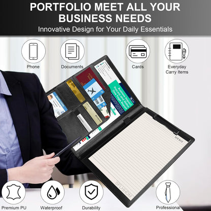 Portfolio Folder Padfolio with A4 Clipboard, Professional PU Leather Folder Binder with Clipboard Folio, Letter Size, Clip Board Organizer for Legal Documents, Business Card Resume Folder, Men Women