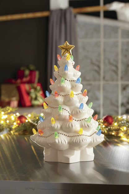 Lenox Figurine, Treasured Traditions Ivory Light-Up Ceramic Christmas Tree Figurine, Christmas Decorations, Holiday Winter Decor Indoor (Ivory, 1 Piece, 8.82-Inch Height) 3 AAA Batteries Not Included