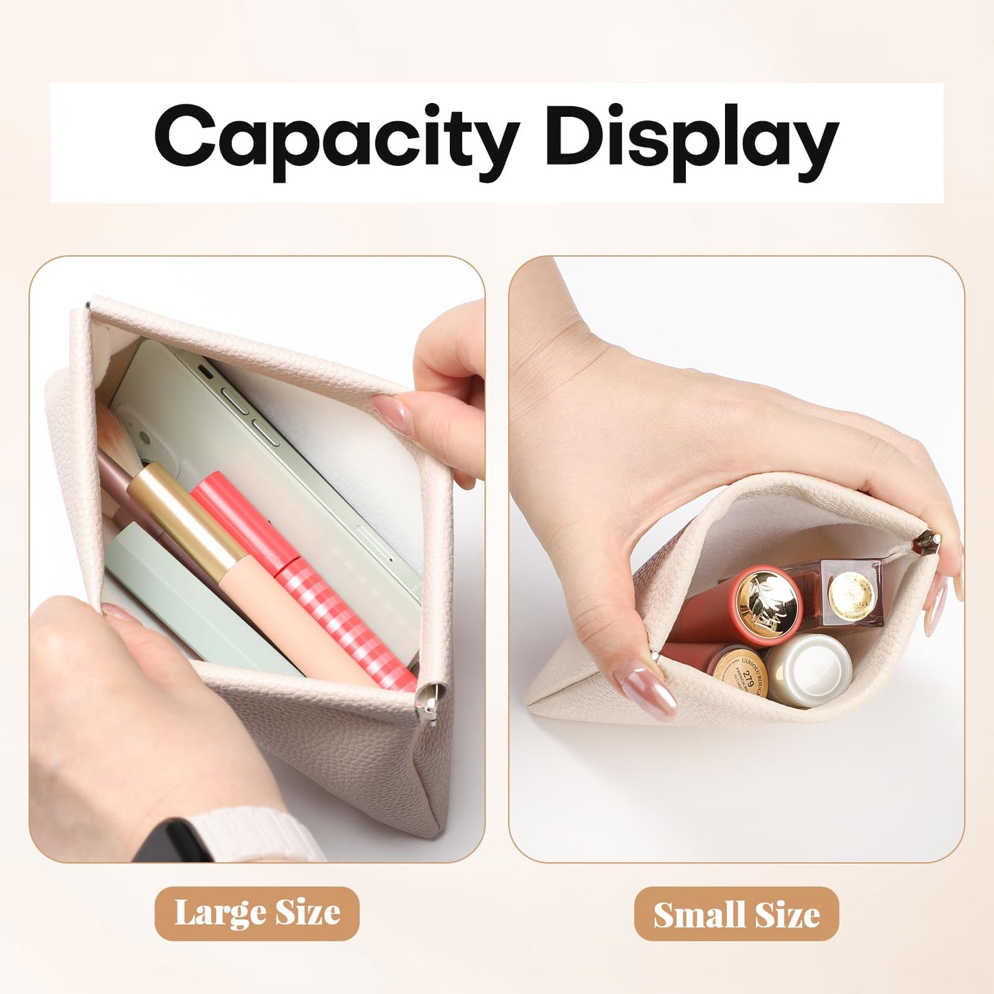 Sightor Leather Pocket Cosmetic Bag for Purse, 2 Pack Small Makeup Bag for Women Coin Purse Lipstick Cosmetic Accessories Organizer Travel Cosmetic Pouch (Creamy)
