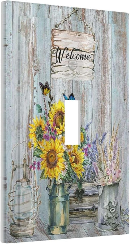 Sunflower Vintage Barn Wooden 1 Gang Single Toggle Light Switch Covers Sun floral Decorative Wall Plate Switchplate Electrical Faceplate Farmhouse Home Livingroom Decor