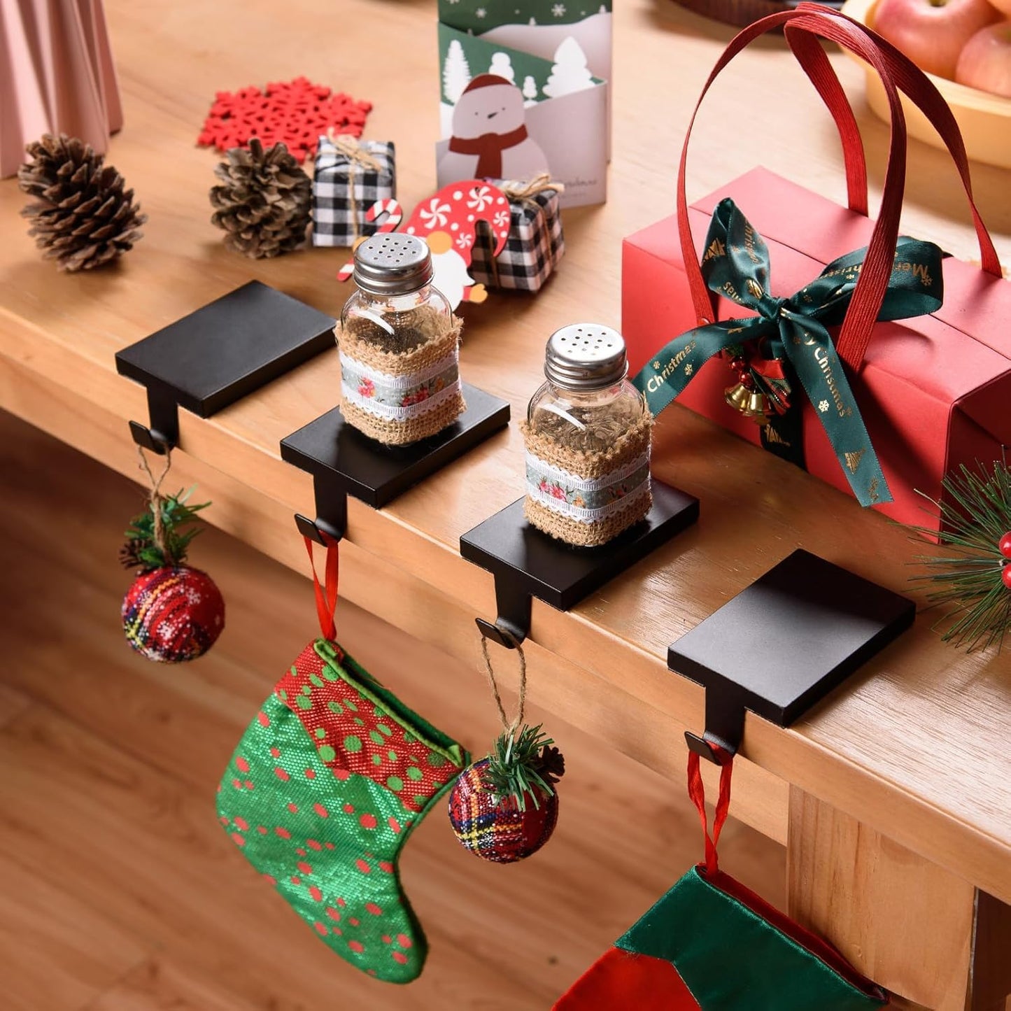 ARCHCRTC 4 Pcs Christmas Stocking Holders Hanging Hooks Heavy Duty Mantel Stocking Holder Bases Weighted Metal Stocking Hangers for Shelf Fireplace Stair Xmas Party Decor (4, Black)