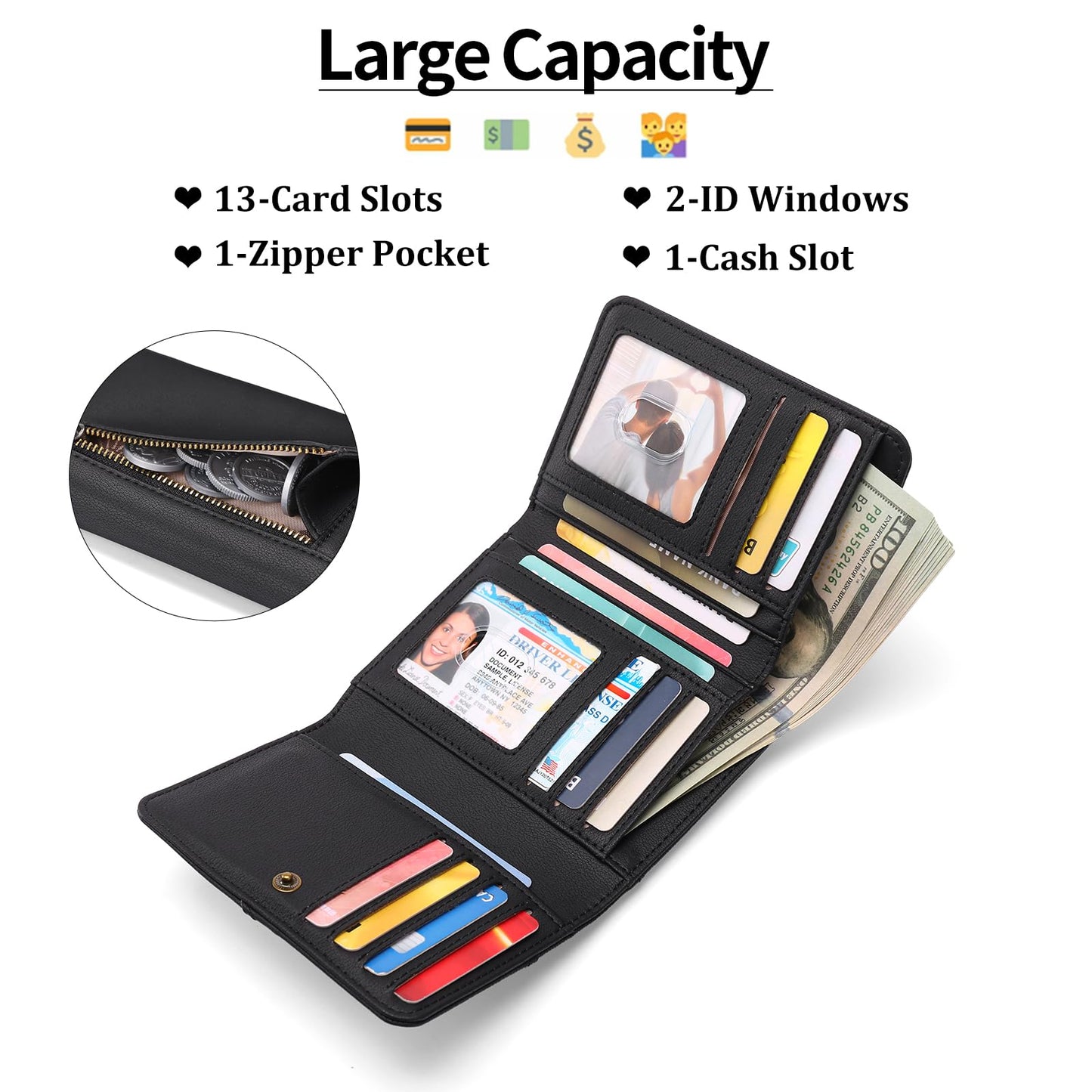 GAEKEAO Small Wallets for Women Leather RFID Blocking Trifold Ladies Wallets Credit Card Holder with Zipper Coin Pocket