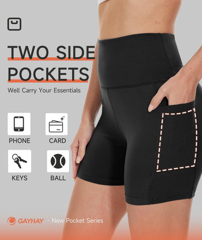 Biker Shorts Women with Pockets - 3"/5"/8" High Waisted Soft Tummy Control Workout Shorts for Yoga Athletic Gym Black