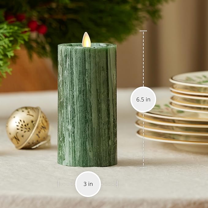 Luminara Selenite Looking Flameless Candle, Holiday Green 3" x 6.5", Battery Operated Real Wax Moving Flame LED Pillar w/Timer, Home Decor Unscented