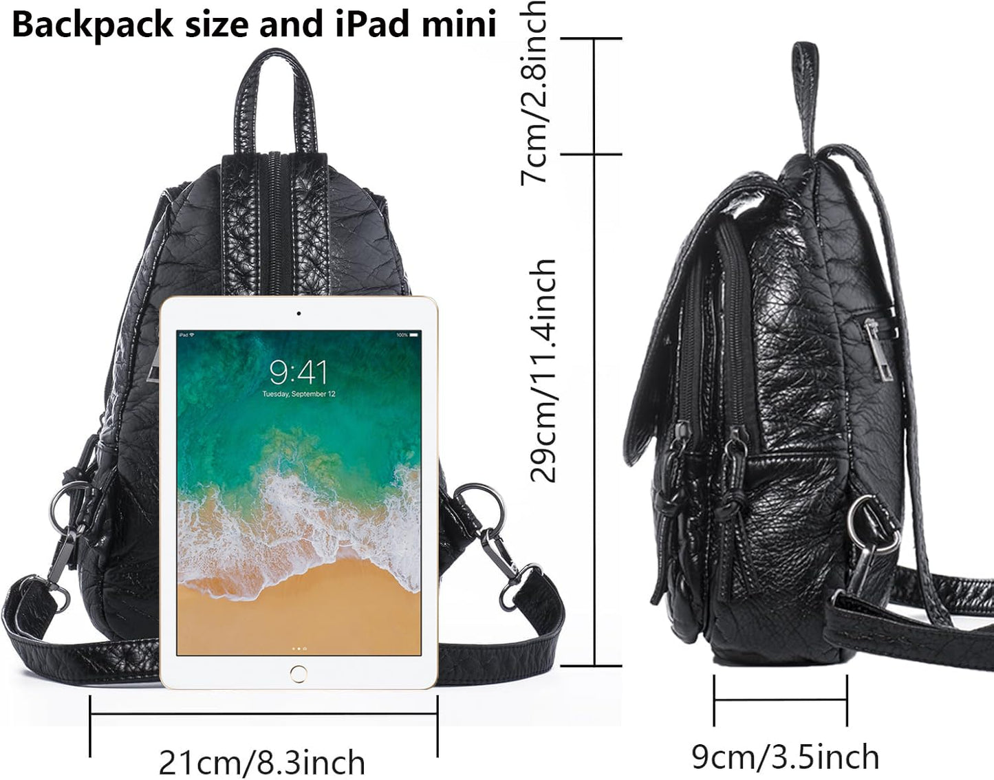 HUAZHIMAO Mini Backpack for Women, Soft Washed PU Leather Small Backpack Purse for Women, Waterproof Fashion Shoulder Bag, Ladies Travel Black Rucksack Handbags Bags with Beautiful Flower Pattern