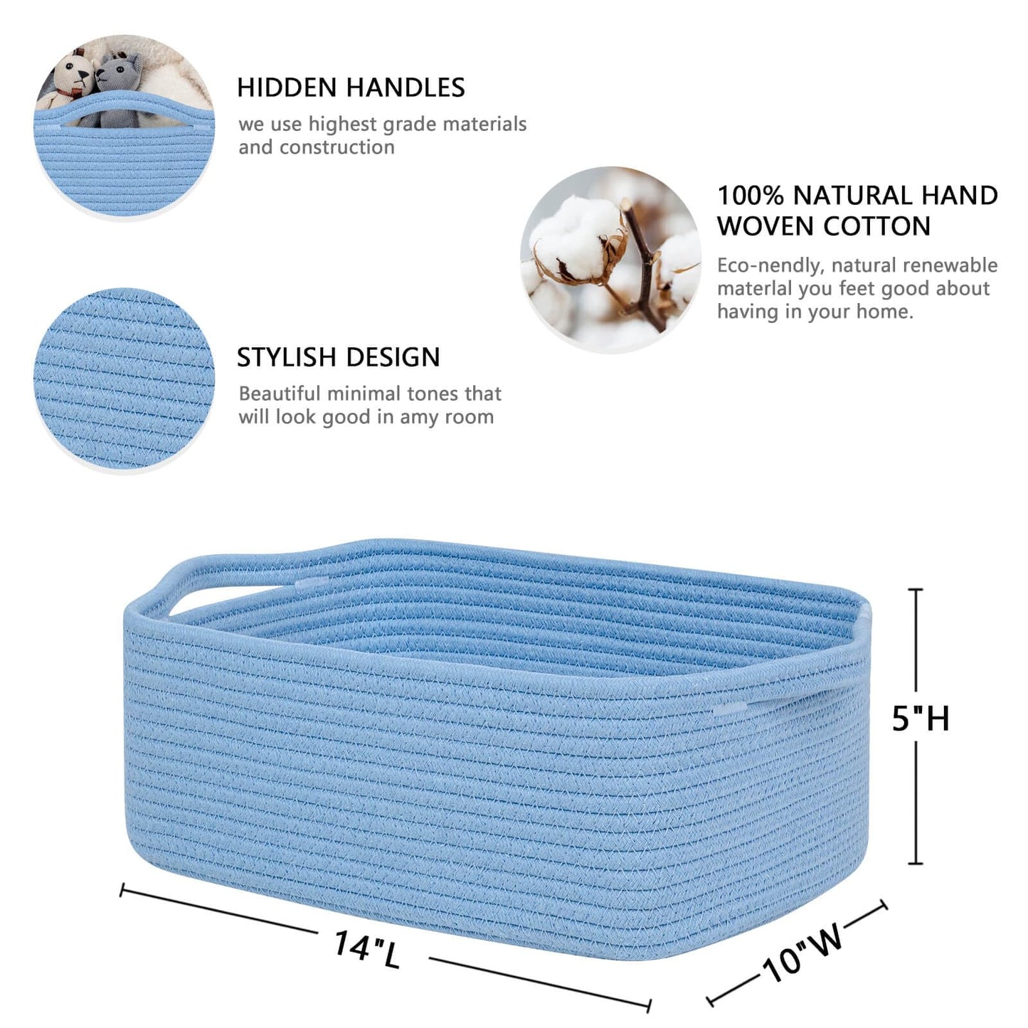 CubesLand Cute and Durable Small Cotton Rope Basket for Organizing, Woven Closet Storage Bin,Shelves Closet Storage Basket, Bathroom Storage Organizer Bin, Nursery Toy Basket Bin, Blue Basket