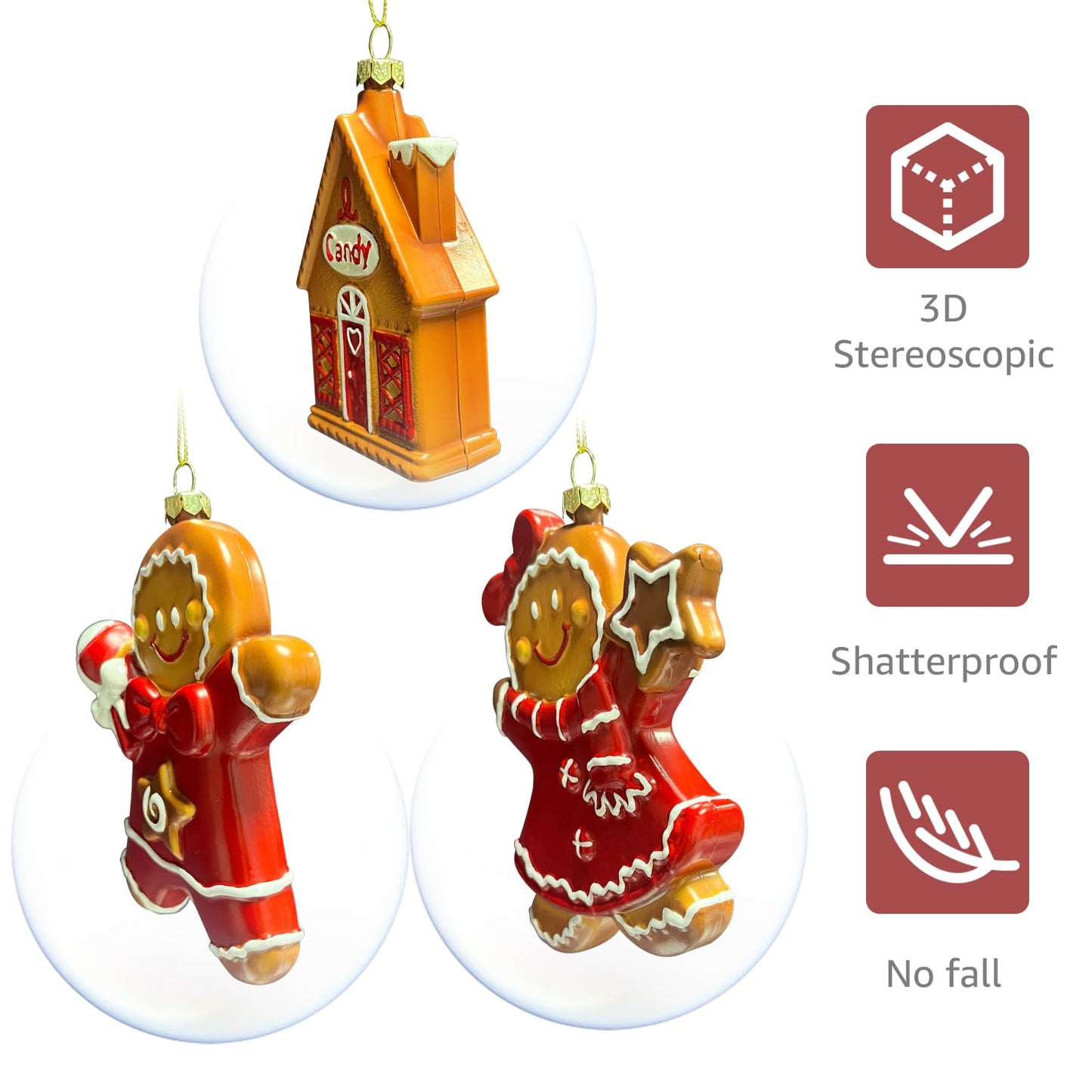 IGERI 3pcs Gingerbread Christmas Tree Ornaments Set 2025 House Shatterproof Ornament 3D Decorations Indoor Unique Decor Gifts for Grandkids
