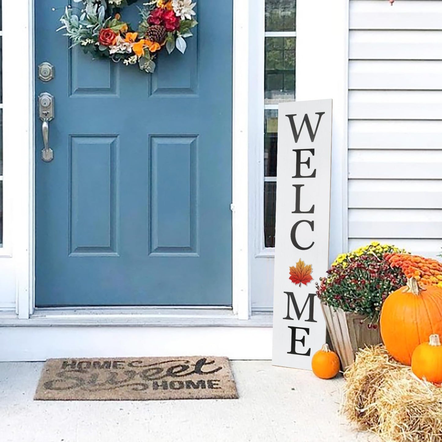 Interchangeable Welcome Sign for Front Porch- 45"X9" Large Standing/Hanging Wooden Sign with 12 PCS Replaceable Icons for 4th of July Fall Halloween Porch Wall Yard Decorations (White)
