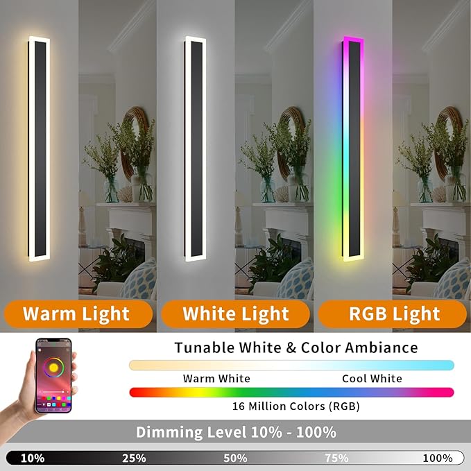 Outdoor RGB Long Wall Lights, 57.5inch 2 Pack RGB/Warm/White Dimmable Modern Led Wall Lighting, Ip65 Waterproof Long Wall Sconce with Remote and APP Control for Outdoor/Indoor