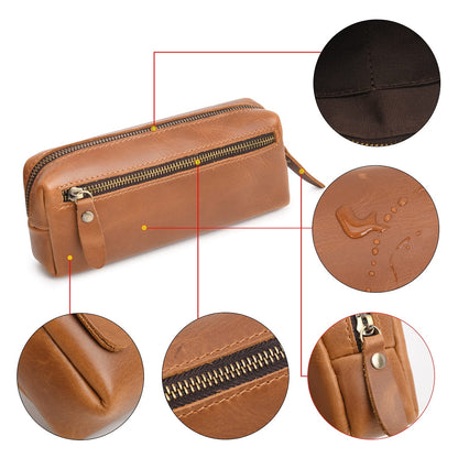 WONDERPOOL Pen Case Real Leather Pencil Pouch Markers Holder Big Capacity Bag with Side Zippered Pocket Sleeve for Stationery Makeup Utensils Organizer (Light brown)