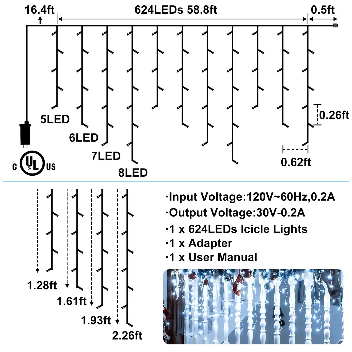 AGELCK White Icicle Lights Outdoor, 58.8FT 624 LEDs 96 Drops 8 Modes, Remote Control, Timer & Memory, Dimmable, Connectable, Waterproof Twinkly Christmas String Lights for Outside Indoor Xmas Wedding
