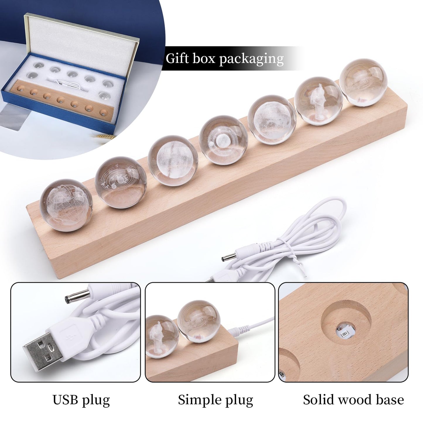 Aoyosic 7 Pcs Planet Crystal Ball Night Light Lamp with LED Wooden Base, 3D Galaxy Moon Saturn Crystal Ball Nightlight for Meditation Positive Energy Decoration for Home for Birthday Christmas Gifts