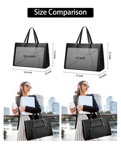 MATEIN Laptop Tote Bag with Insulated Lunch Compartment, 15.6 Inch PU Leather Briefcase with Leakproof Lunch Box Pocket for Women, Convertible Lightweight Computer Work Bag Handbag for Office, Black