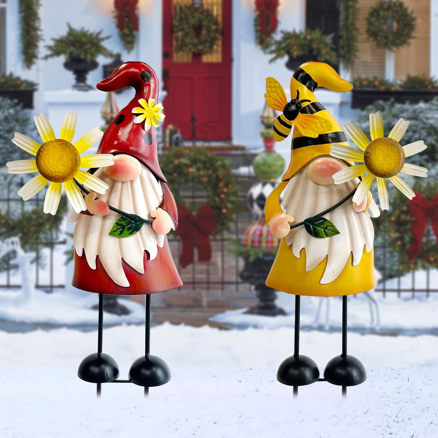 HONGLAND Gnomes Decorations for Yard - Metal Gnome Outdoor Decor Bee Ladybug Garden Statue- Christmas Decoration Thanksgiving Holiday Lawn Patio Yard Stakes (Set of 2)