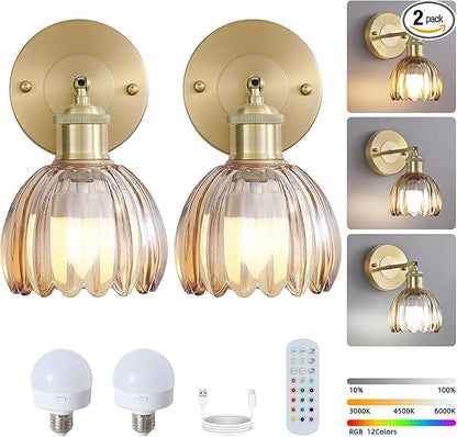 Vintage Battery Operated Wireless Wall Sconces, Rechargeable Gold Wall Lights，Amber Tulip Glass Lampshade With Remote Dimmable Wall Lighting Indoor, Led Wall Lamp Fixtures For Bedroom, Living Room