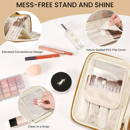 Travel Makeup Bag Women's Large Capacity Cosmetic Portable Organizer Large Opening Waterproof Storage Toiletry Bags Vertical Free-Standing Brush Holder for Easy Access Orange