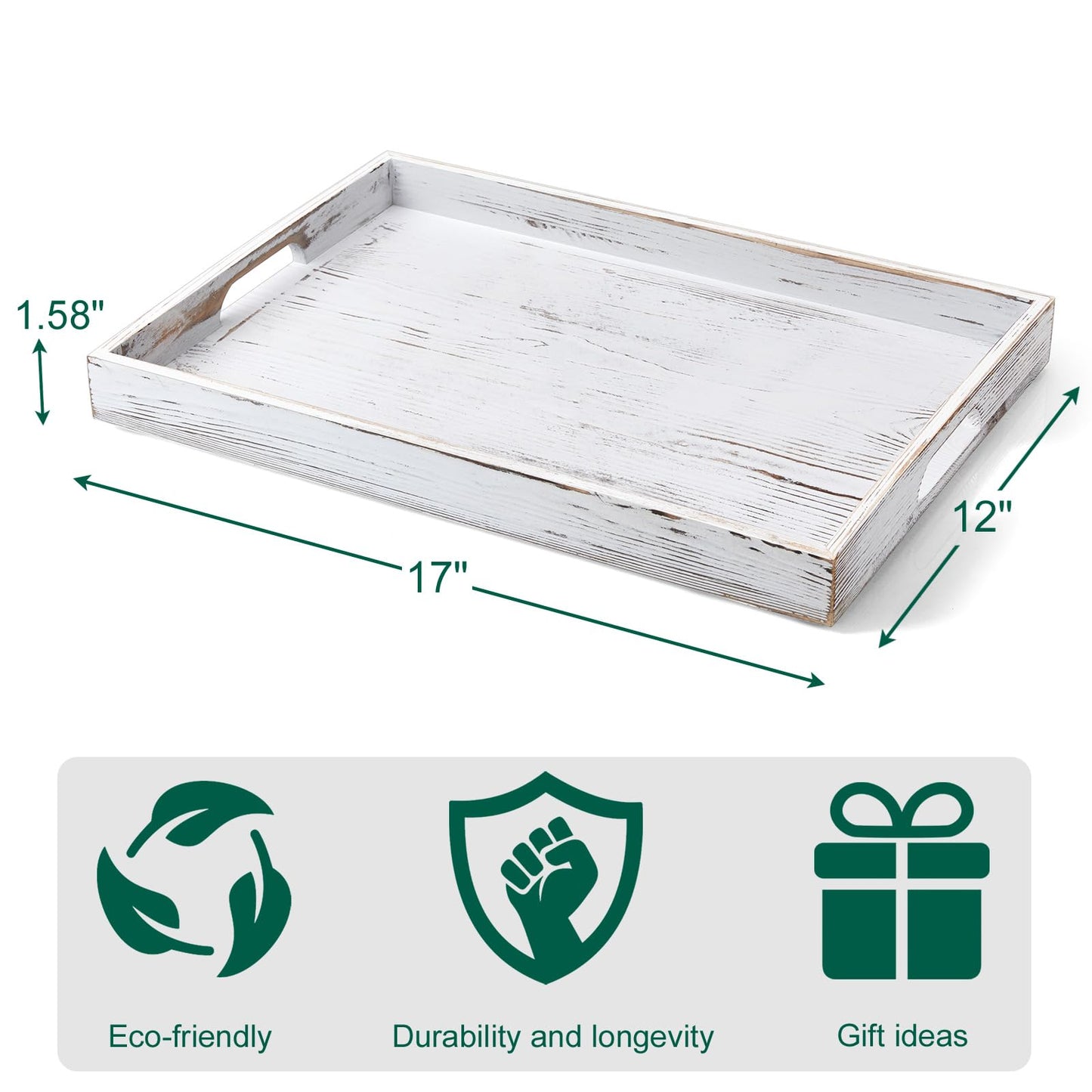 17 Inch Rustic White Serving Tray with Handles - Large Wooden Tray for Ottoman, Breakfast in Bed, Dinner, Coffee Table - Decorative Rectangular Tray for Living Room Bedroom Entryway and Kitchen Decor