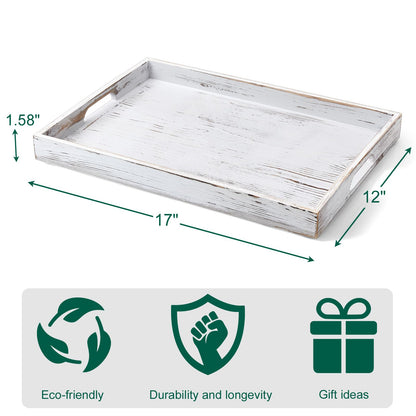 17 Inch Rustic White Serving Tray with Handles - Large Wooden Tray for Ottoman, Breakfast in Bed, Dinner, Coffee Table - Decorative Rectangular Tray for Living Room Bedroom Entryway and Kitchen Decor