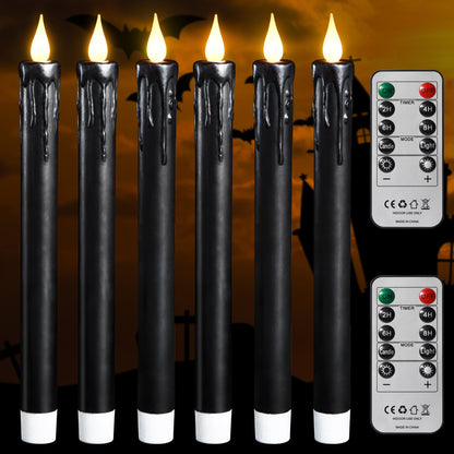 yunsheng 6Pcs Black Flameless Taper Candles with Remote Timer, 9.5 Inches Real Wax Battery Operated LED Candles, 3D Wick Warm White Flickeing Candle for Halloween Party Home Decor