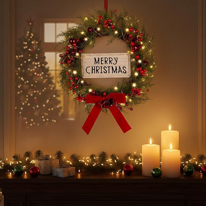Lighted Christmas Wreath for Front Door with Metal Hanger 16'' Artificial Norfolk Wreath with Velvet Bow LED Lights Jingle Bells Pinecone Berries Christmas Holiday Winter Decor(Red)