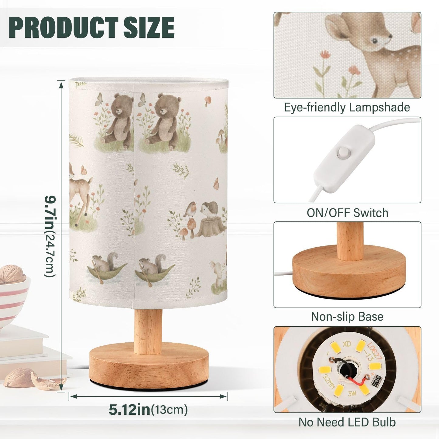 Oarencol Bedside Table Lamp Woodland Animals Nightstand Lamp with Wood Forest Fox Deer Rabbit Bird Bear Mushroom Desk Lamps for Bedroom Living Room Nursery Office Home Decor