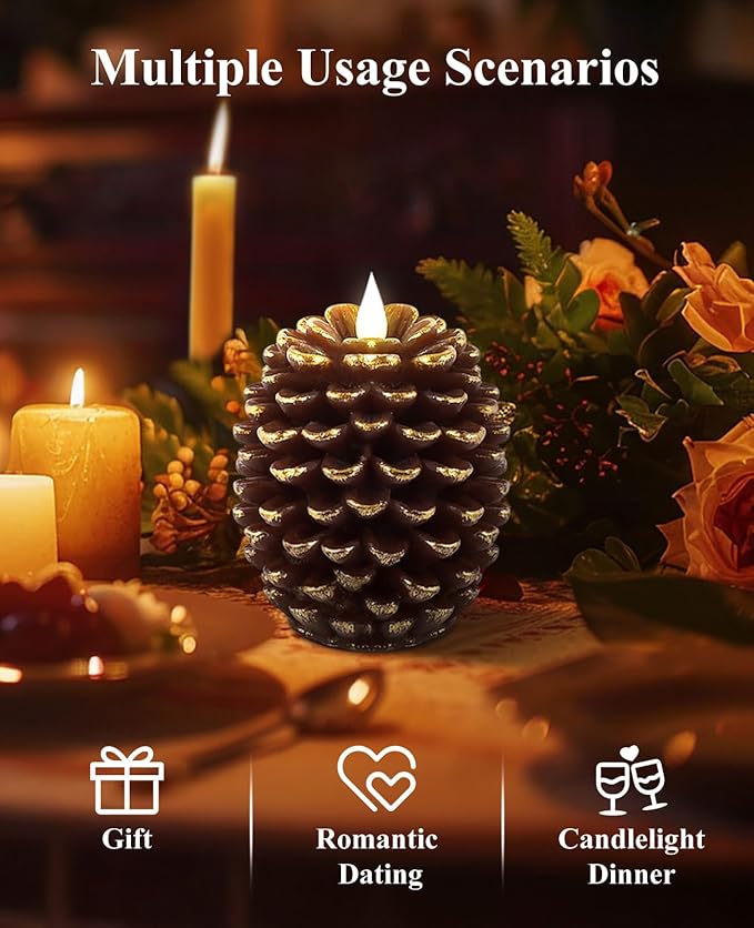 YAUNGEL 2 Pcs Pine Cone Candles Flameless with Remote Timer, Real Wax Christmas Battery Operated Pine Cone Candles, 3D Wick Battery Candle Flickering for Christmas Thanksgiving Day Holiday Home Decor