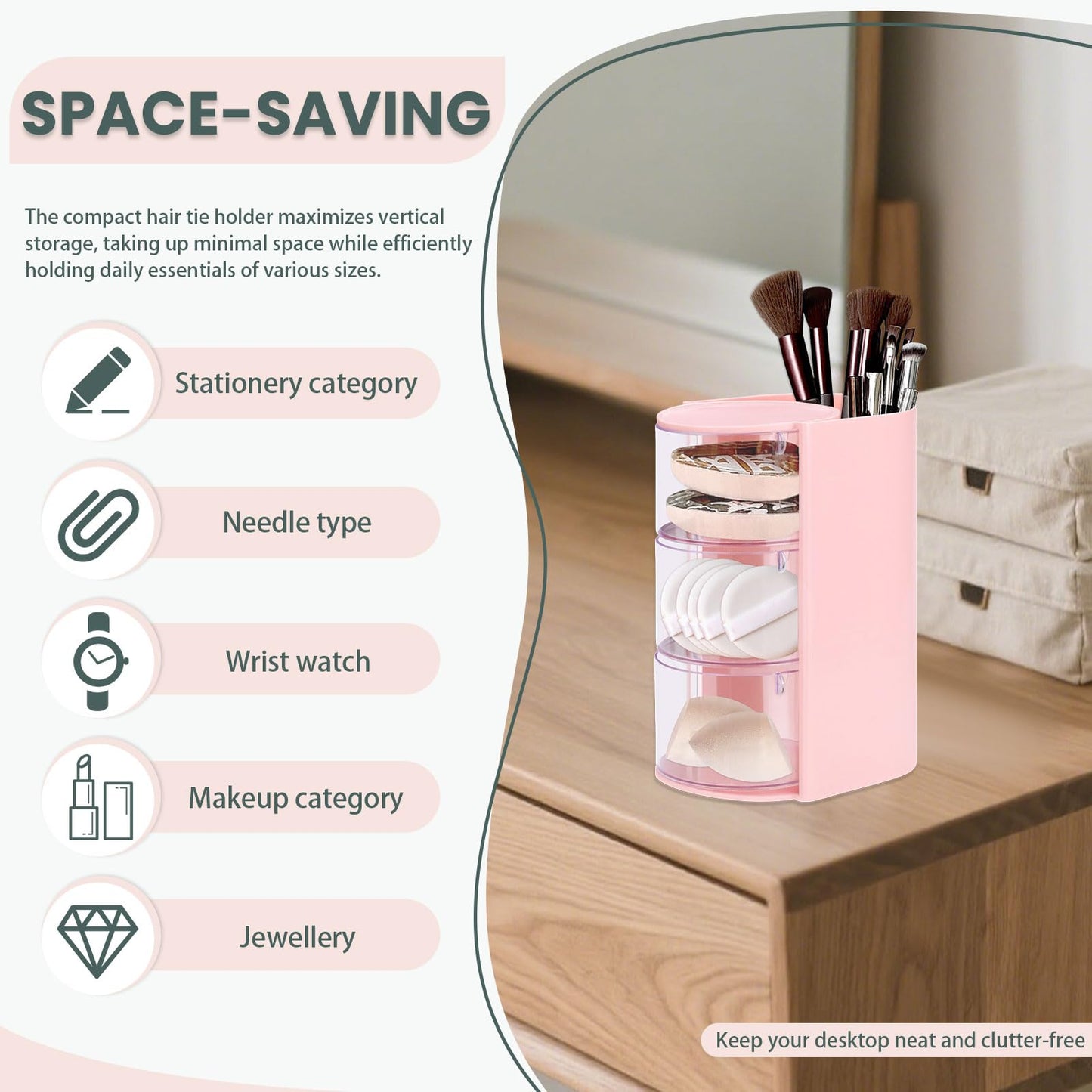 Sekonow 2 Pack Hair Accessories Organizer with Hair Brush Holder, 3-Tier Clear Rotatable Drawer Makeup Sponge Holder, Bathroom Qtip Cotton Swab/Pad/Ball Dispenser Jewelry Box (Pink)