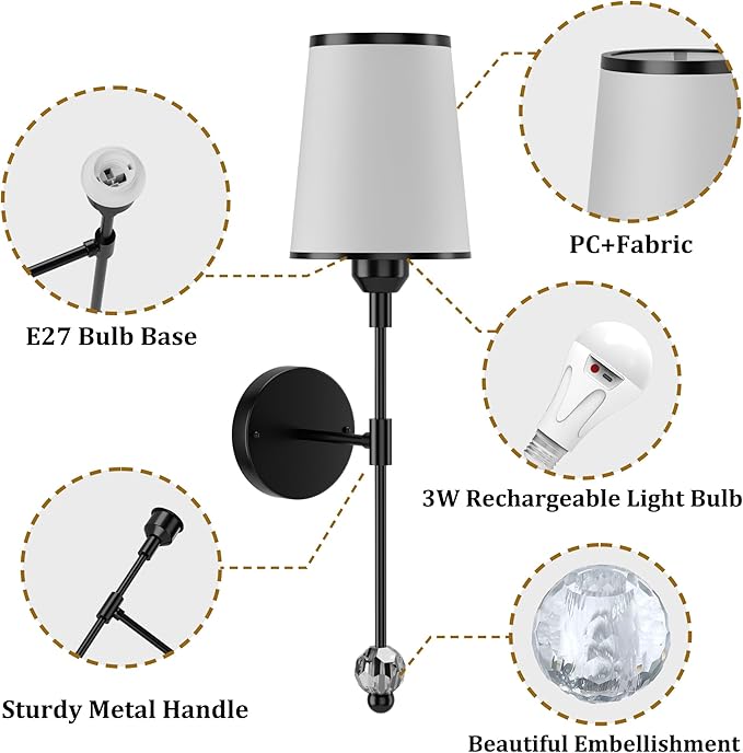 PAIHOME Wall Sconces Set of Two Battery Operated, Rechargeable Wireless Sconces with 5000mAh, 15 Colors Remote Control Dimmable Black Wall Sconce for Bedroom Living Room Bathroom Hallway Wall Decor