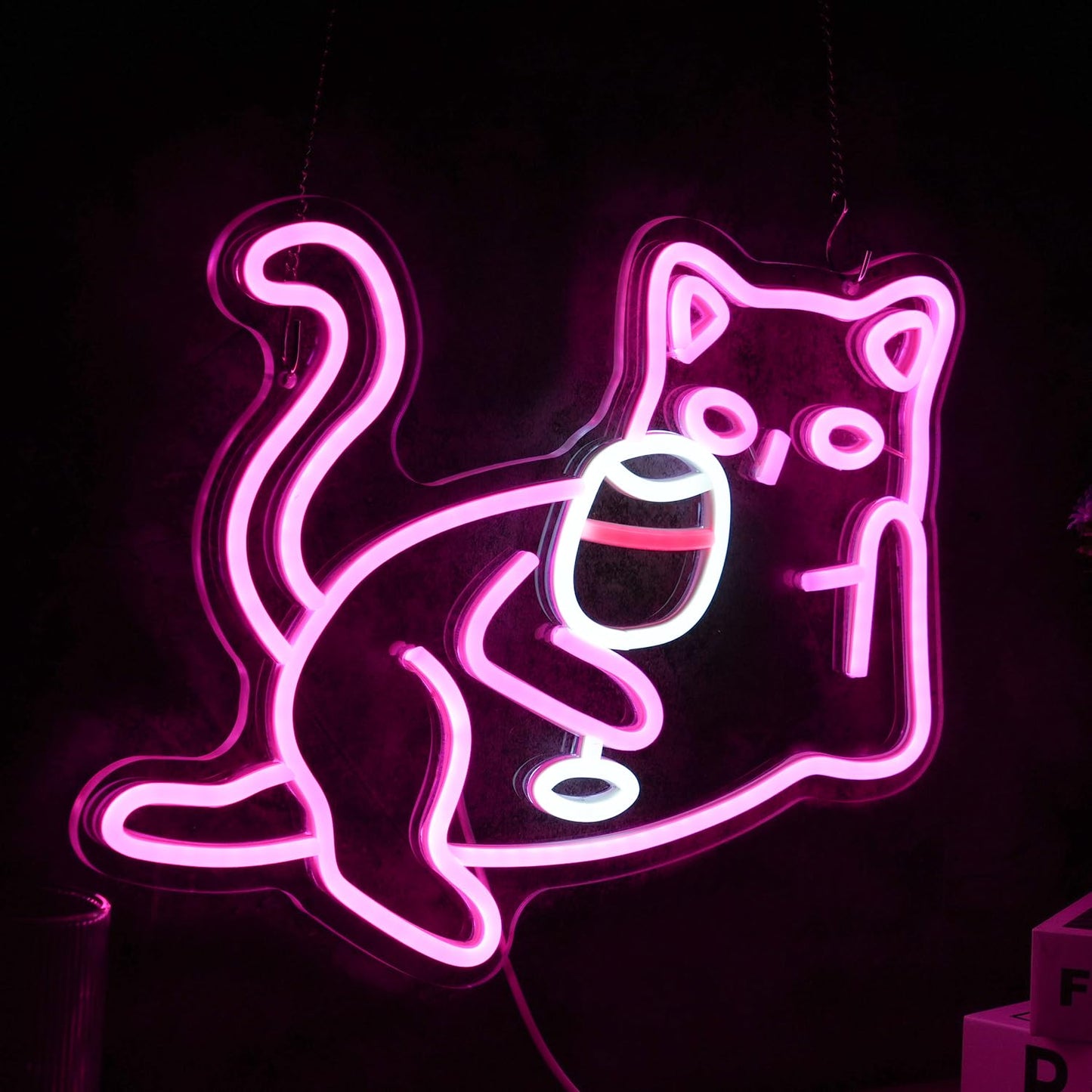 Cat Wine Glasses Neon Sign Dimmable LED Light Pink Cat For Wall Decoration Cocktail Neon Lights Powered By USB Light Up Signs For Bar Decor Living Room Cat cafe Art Dinning Room Cat Lover Gift