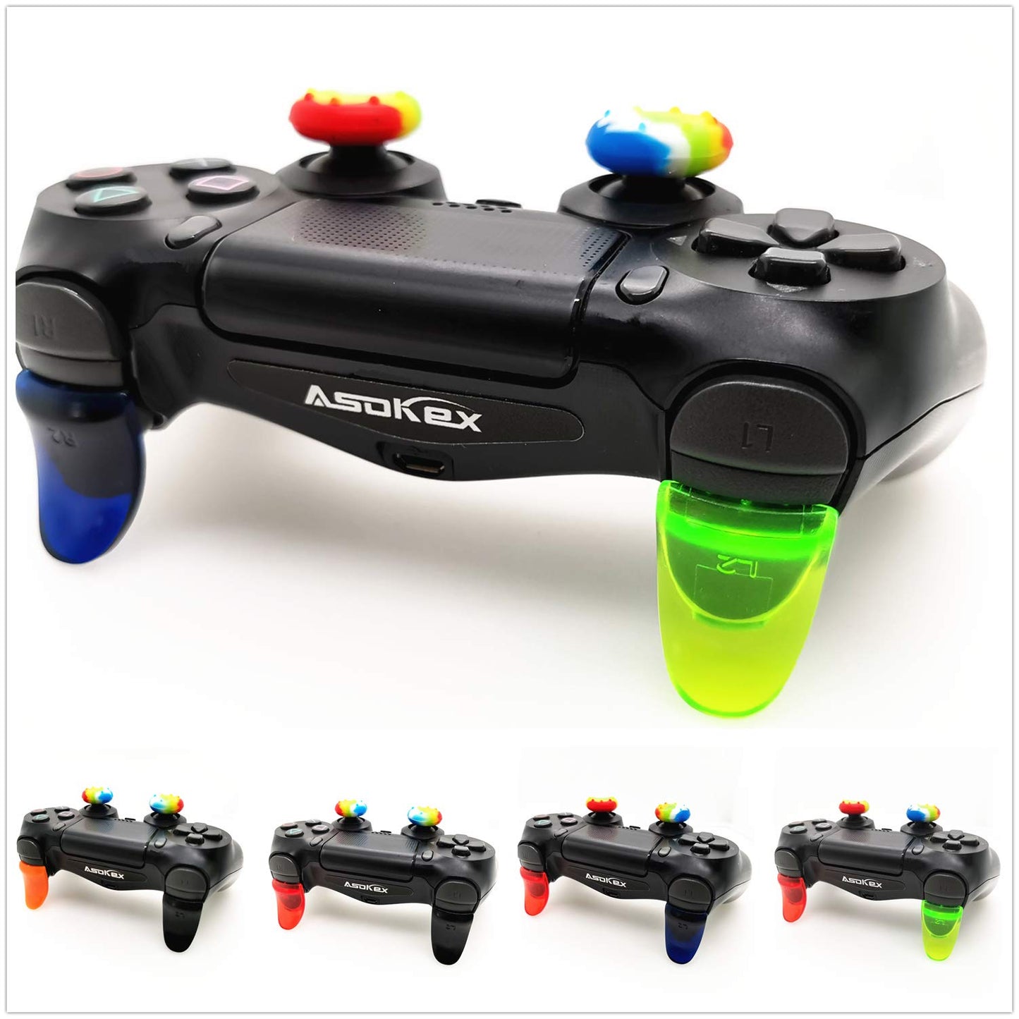 L2 R2 Triggers Ps4 (2 Pairs Trigger Extender,6Pcs Thumbstick Grips, 2 Pairs LED Light Bar Decal) for Ps4 Dualshock Controller(Black&Orange)