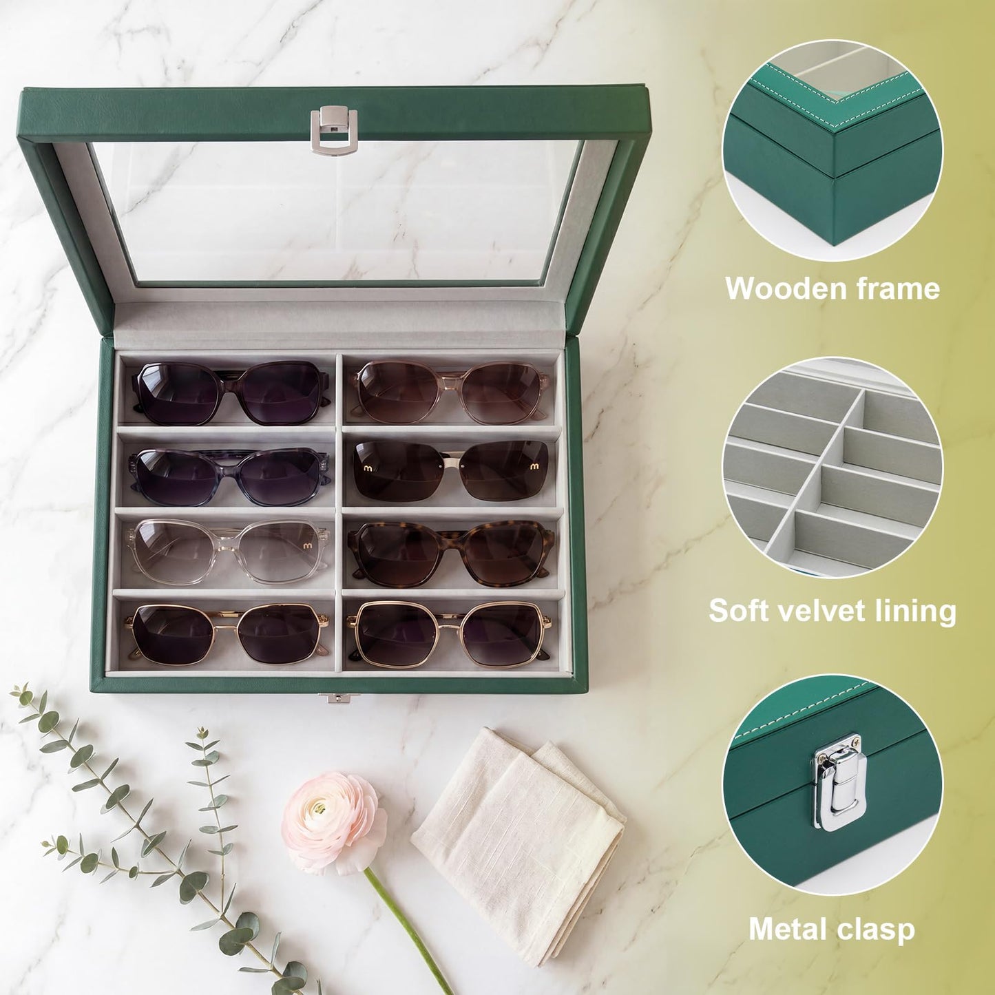 CECOBAG 8 Slots Sunglass Organizer with Clear Top Lid – PU Leather Glasses Case Display Tray, Removable Dividers, Also Suitable for Jewelry Storage-Green