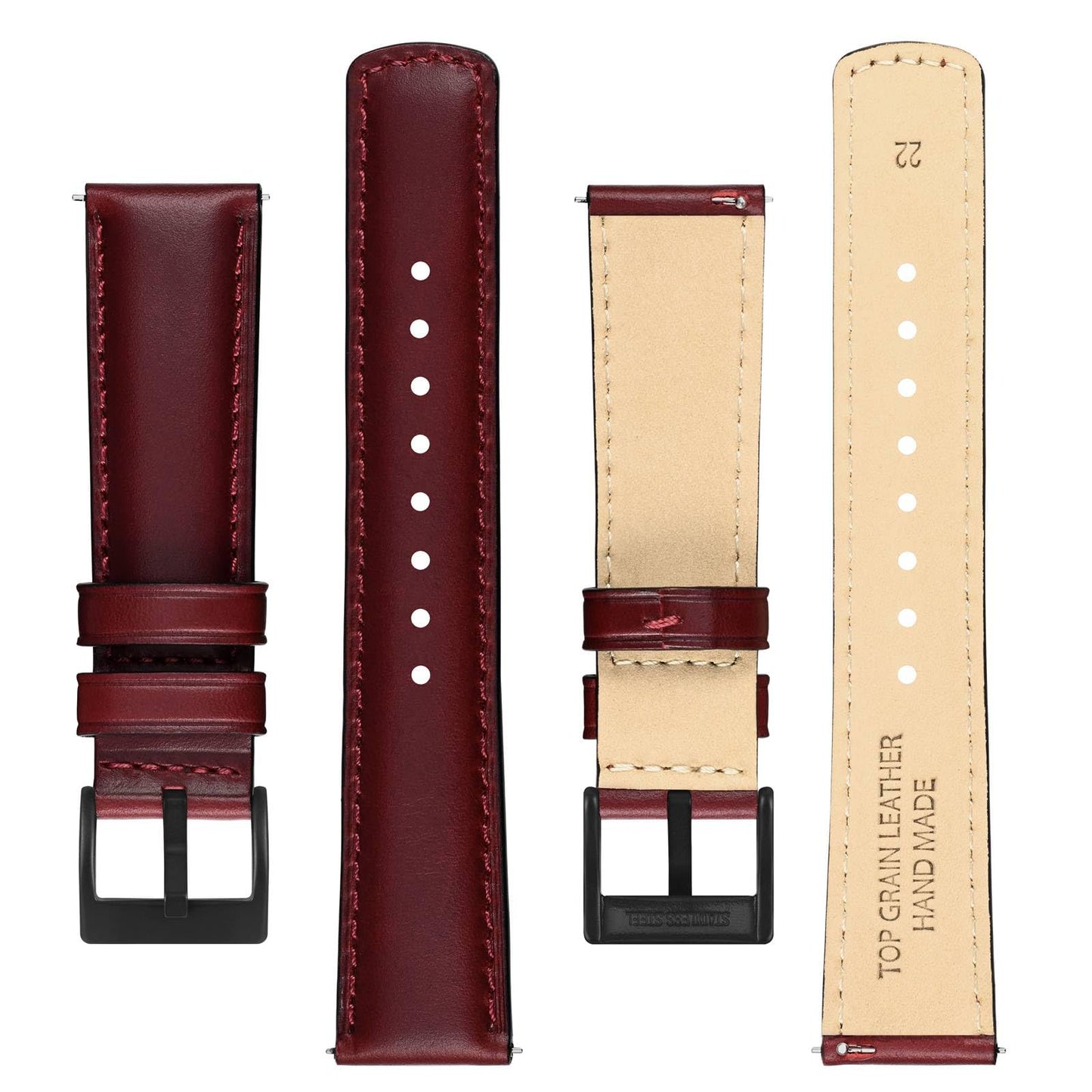 BISONSTRAP Leather Watch Strap for Men and Women, Oil Pull-Up Leather, Quick Release Replacement Bands, 20mm, Burgundy (Black Buckle)