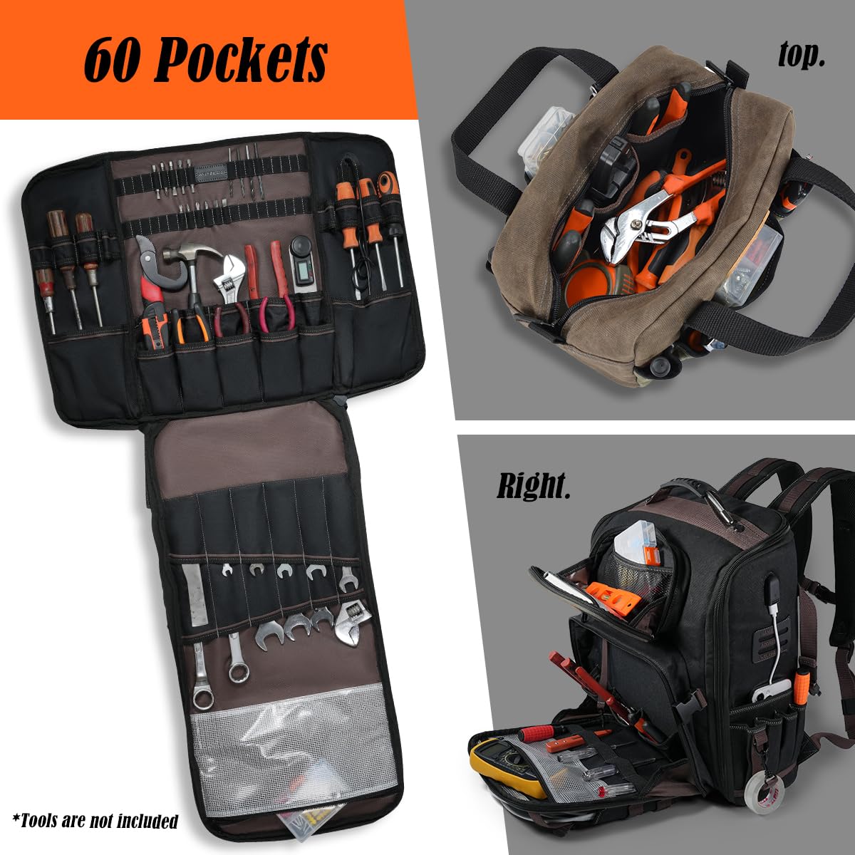 WELKINLAND 60-Pocket Electrician Backpack & Tool Bag Set, Heavy-Duty HVAC Backpack, Waterproof Wax Canvas Tool Back pack, Full-Open Mechanic Tool Back pack, Technician Backpacks