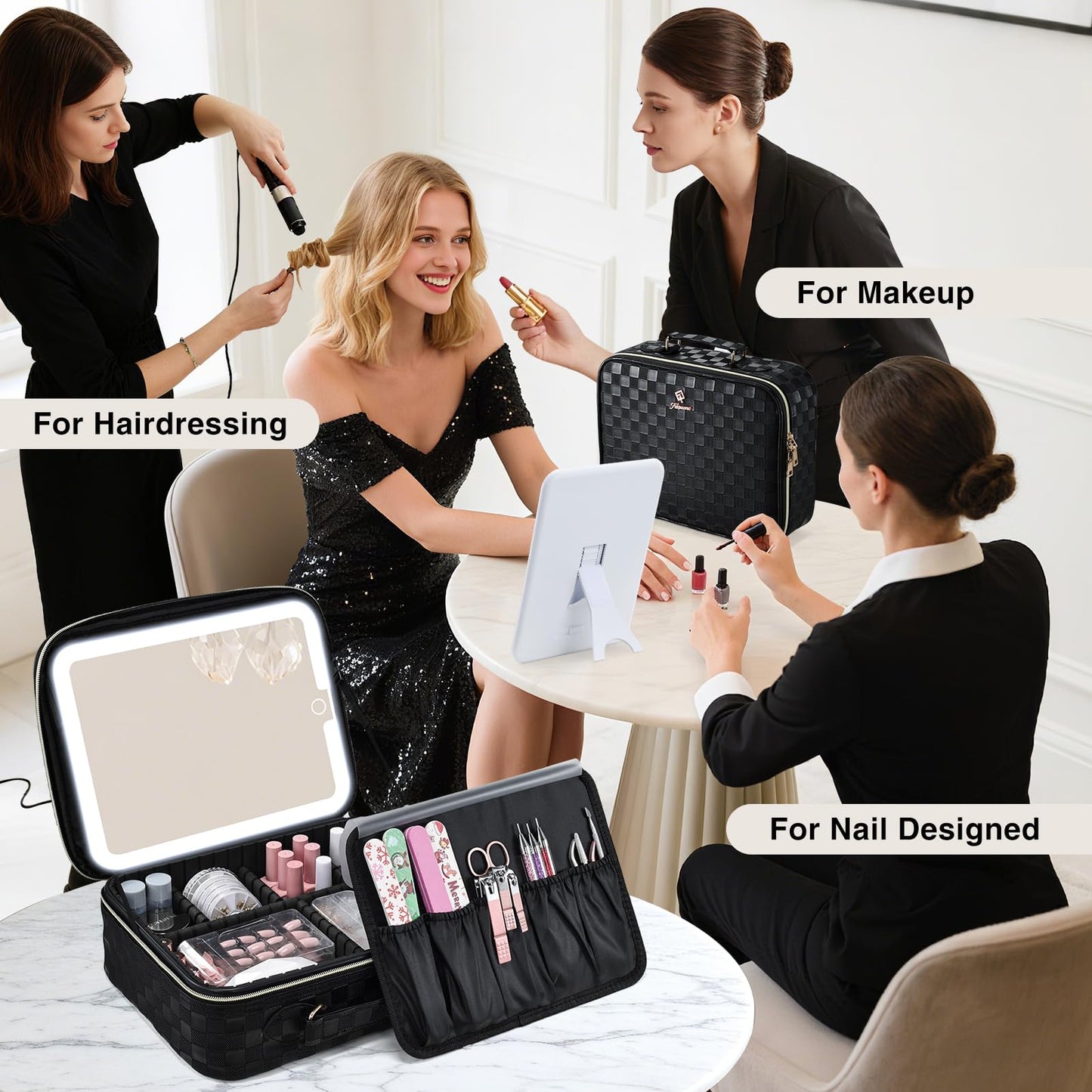 Faquenc Makeup Bag with LED Lighted Mirror 12.2 IN Travel Makeup Bag Adjustable Brightness in 3 Colors Cosmetic Organizer Artist Storage Bag with Dividers Brush Holder Bag Vanity Black Checkerboard