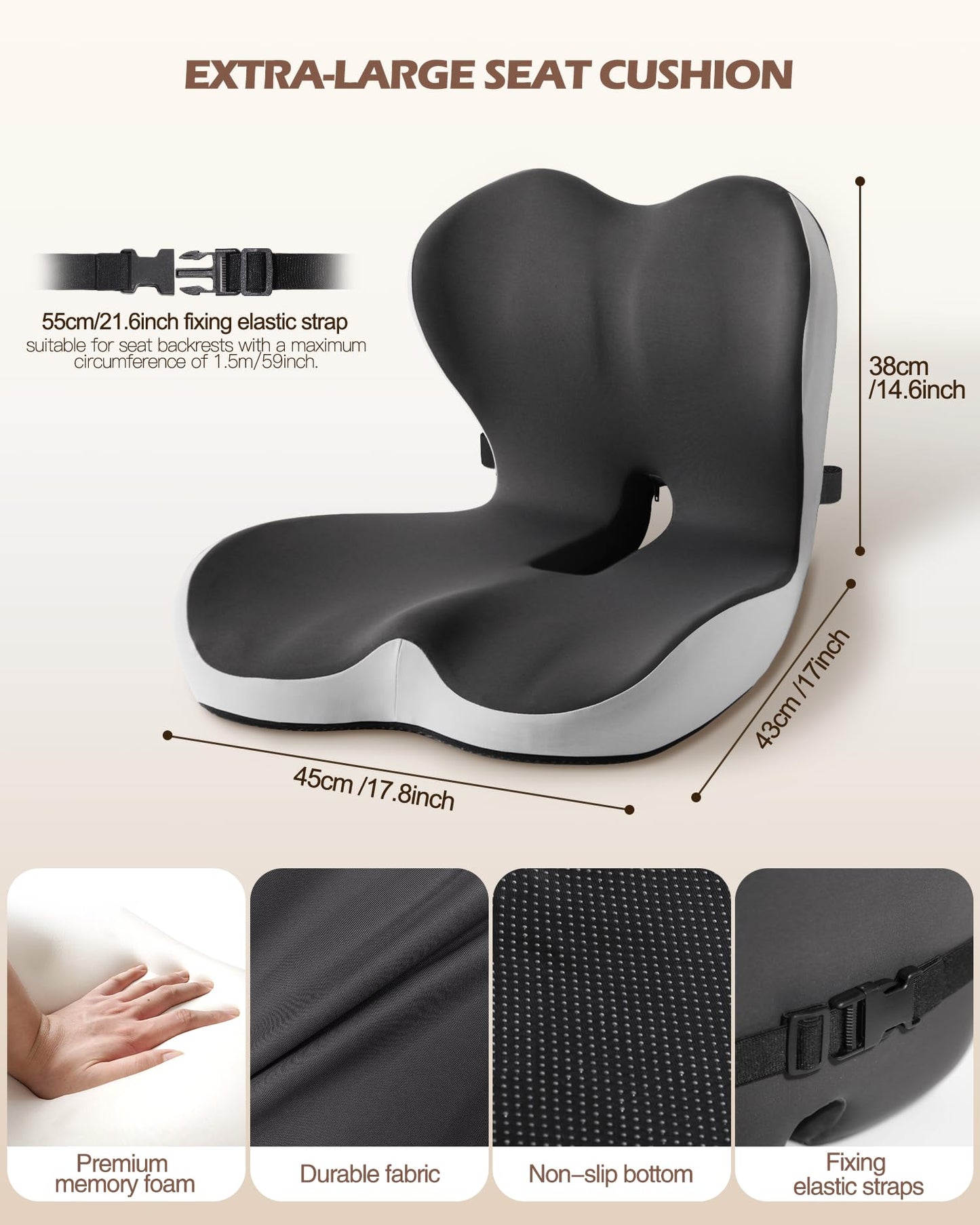 vdovsta Office Chair Cushion for Tailbone & Low Back Pain Relief, Car and Truck Seat Cushion, Comfortable Foam and High Backrest, Suitable for Office Chairs, Cars, Trucks, and Home Chairs