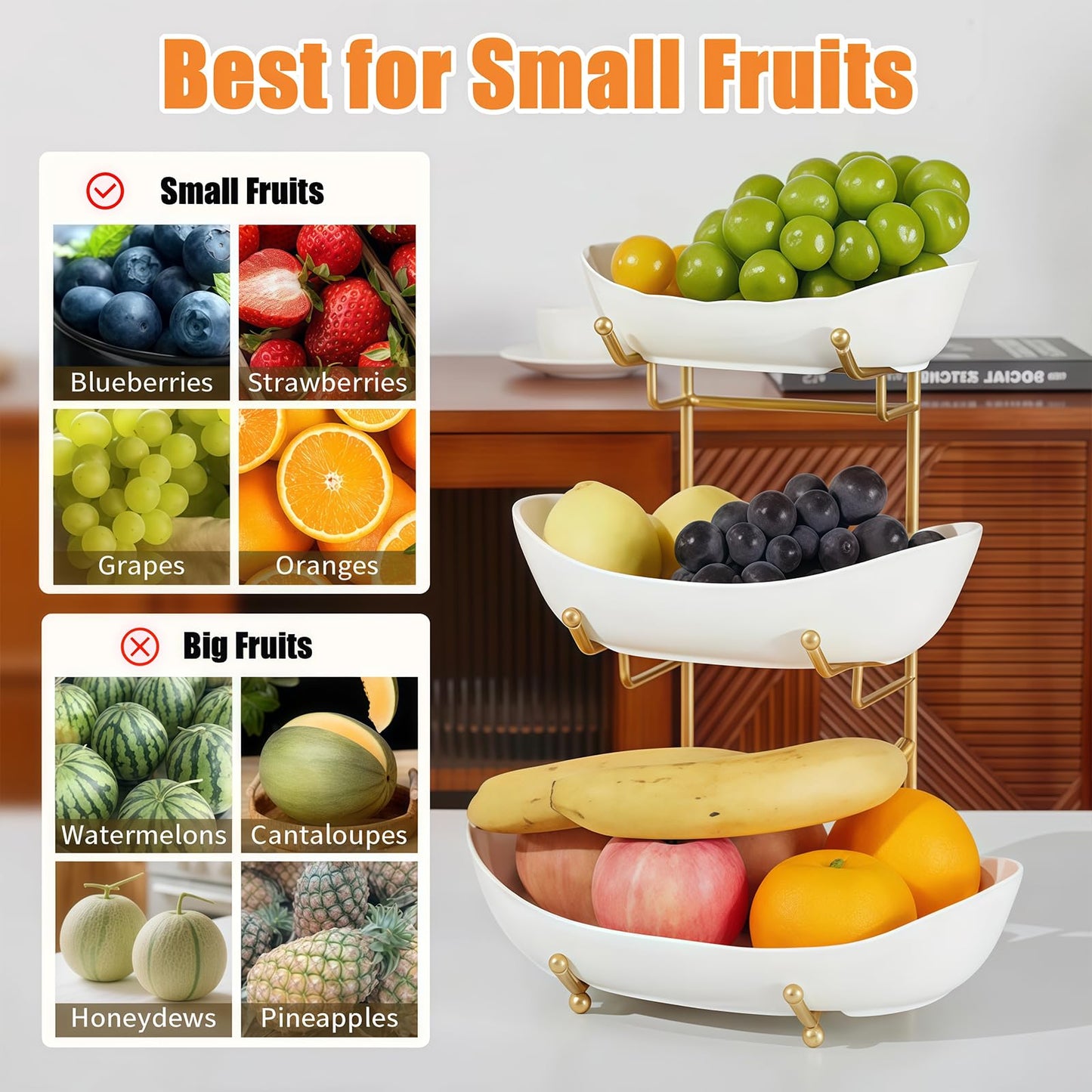 HOMKULA Ceramic Fruit Bowl for Kitchen Counter - 3 Tier Fruit Basket with Metal Stand, Tiered Fruit Stand for Countertop, Snack, Nuts, Cake, Dessert, Cute (Gold, Small) 1