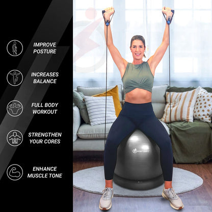 INTENT SPORTS Yoga Ball Chair – Stability Ball with Inflatable Stability Base & Resistance Bands, Fitness Ball for Home Gym, Office, Improves Back Pain, Core, Posture & Balance (65 Cm)
