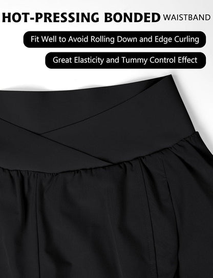 Women's High Waisted Crossover Workout Shorts - Athletic Running Shorts with Zipper Pockets | Comfortable & Stylish